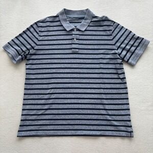 Lands' End Polo Shirt Men Large Blue Striped Traditional Fit Cotton Short Sleeve